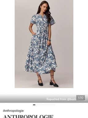 Anthropologie Blue and White Floral Maxi Dress